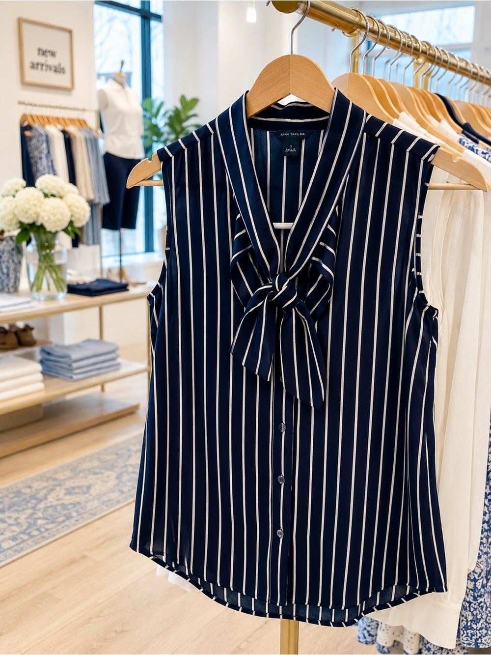 Ann Taylor Navy Stripe Tie Neck Sleeveless Blouse Bow Front Button Top S - Picture 2 of 11